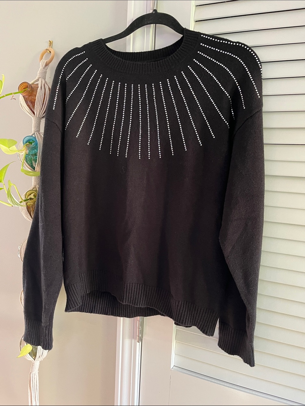 Black Rhinestones -Accent Crewneck Sweater for Women